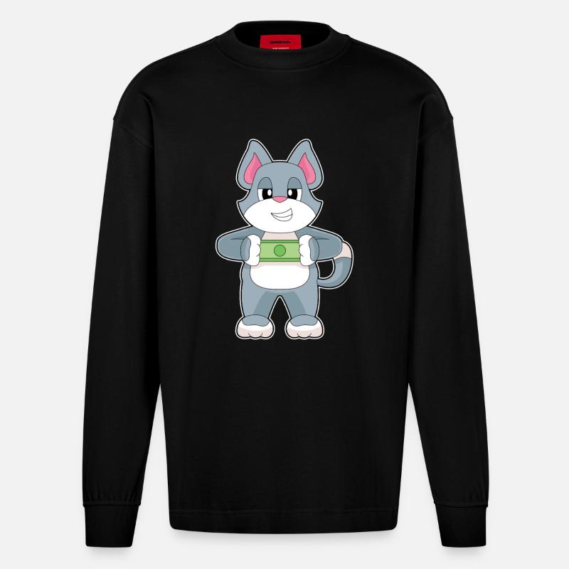 Cat Banknote - Heavyweight Oversized Organic Longsleeve Shirt Made in EU - SOLID BLACK