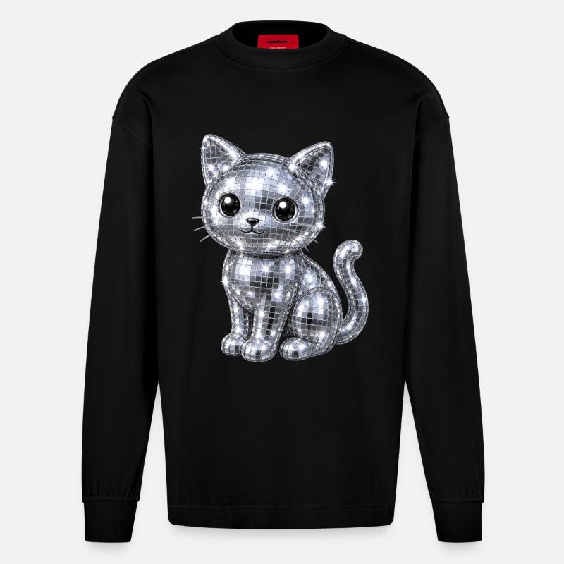 Katze Disco Glitzer - Heavyweight Oversized Organic Langarmshirt Made in EU - SOLID BLACK