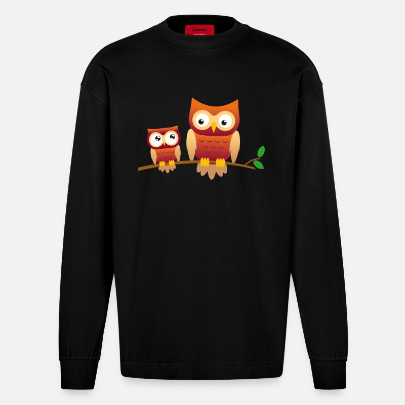Eule mit kleiner Eule - Heavyweight Oversized Organic Langarmshirt Made in EU - SOLID BLACK