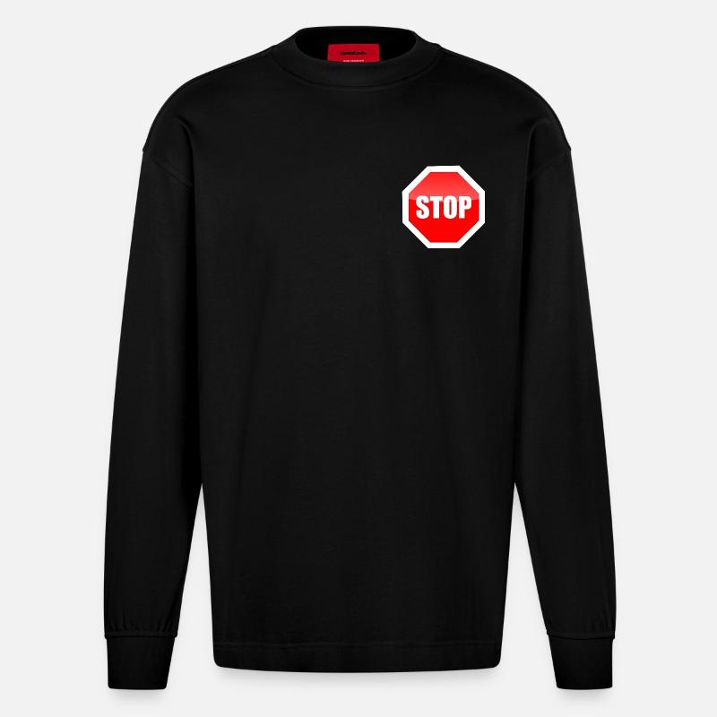 Roter STOP-Platten-Grafikdruck - Heavyweight Oversized Organic Langarmshirt Made in EU - SOLID BLACK