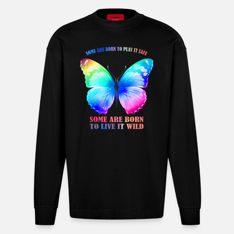 Butterfly Rainbow - Regenbogen Schmetterling Grafik - Heavyweight Oversized Organic Langarmshirt Made in EU - SOLID BLACK