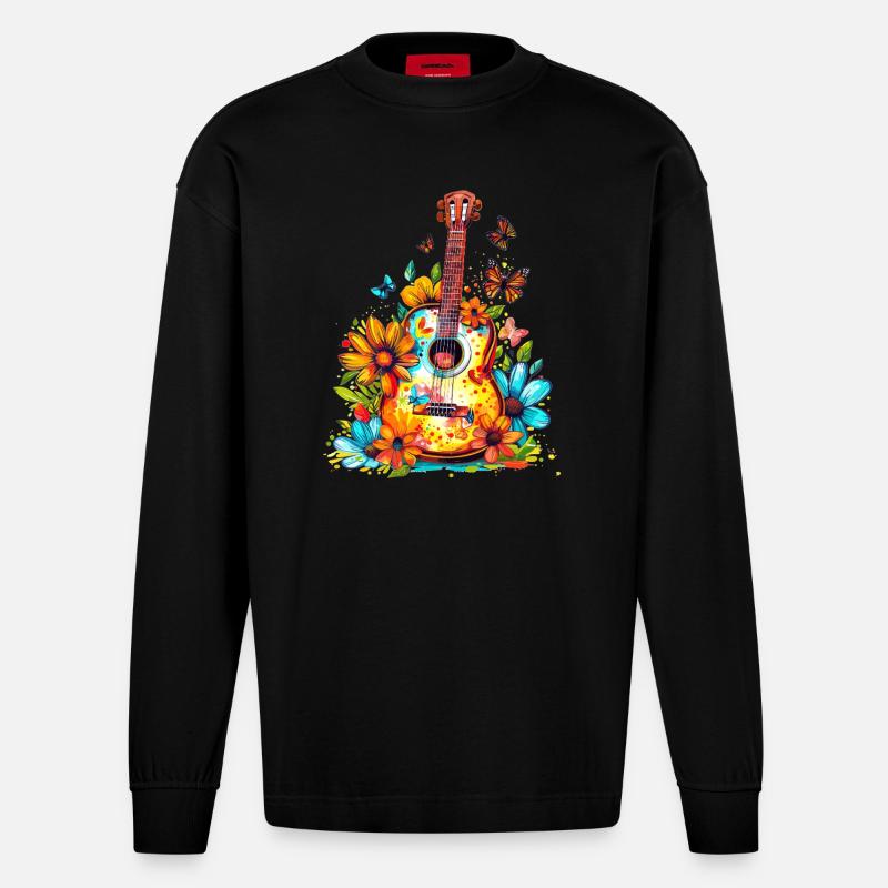 Bunte Gitarre mit Blumen - Heavyweight Oversized Organic Langarmshirt Made in EU - SOLID BLACK