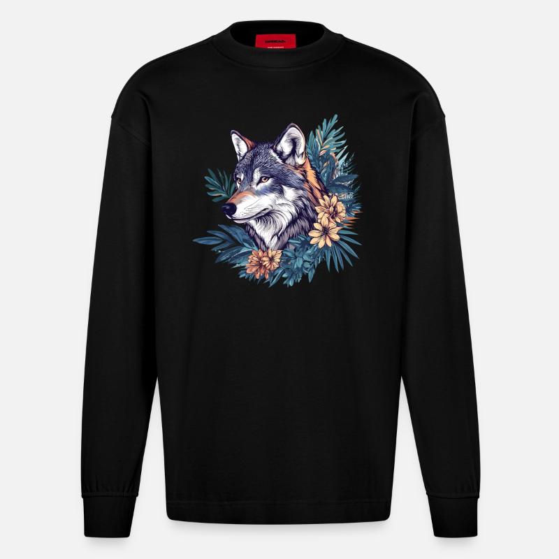 Wilder Wolf mit Blumen - Heavyweight Oversized Organic Langarmshirt Made in EU - SOLID BLACK