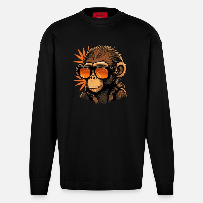 Cooler Affe mit Sonnenbrille - Heavyweight Oversized Organic Langarmshirt Made in EU - SOLID BLACK