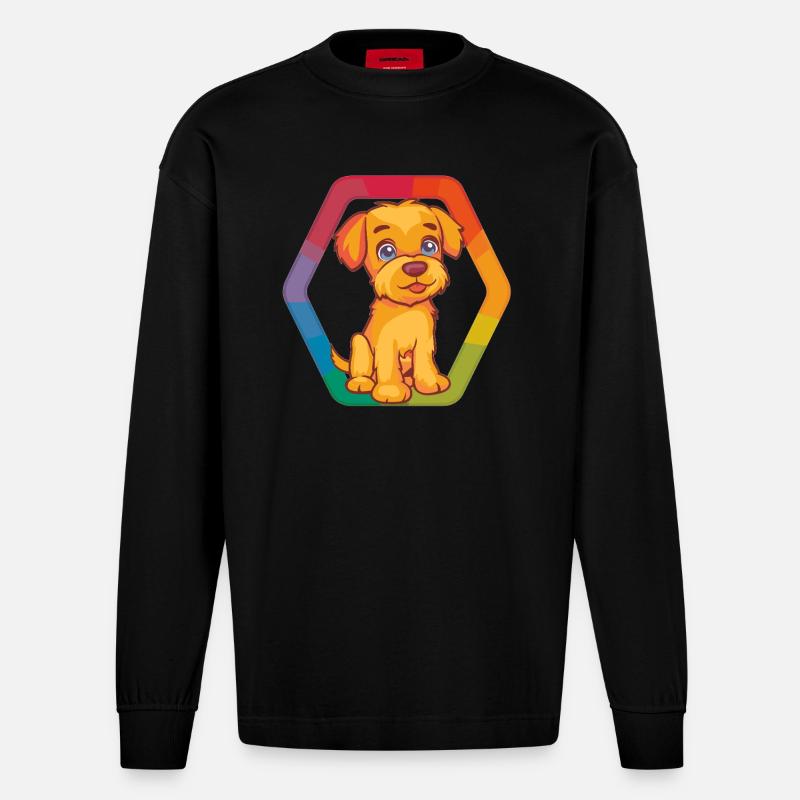 Bunter Hund mit Regenbogenrahmen - Heavyweight Oversized Organic Langarmshirt Made in EU - SOLID BLACK