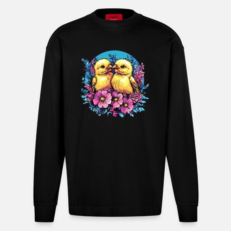 Deux poussins en fleurs - Manches longues bio épais oversize fabriqué en UE - SOLID BLACK