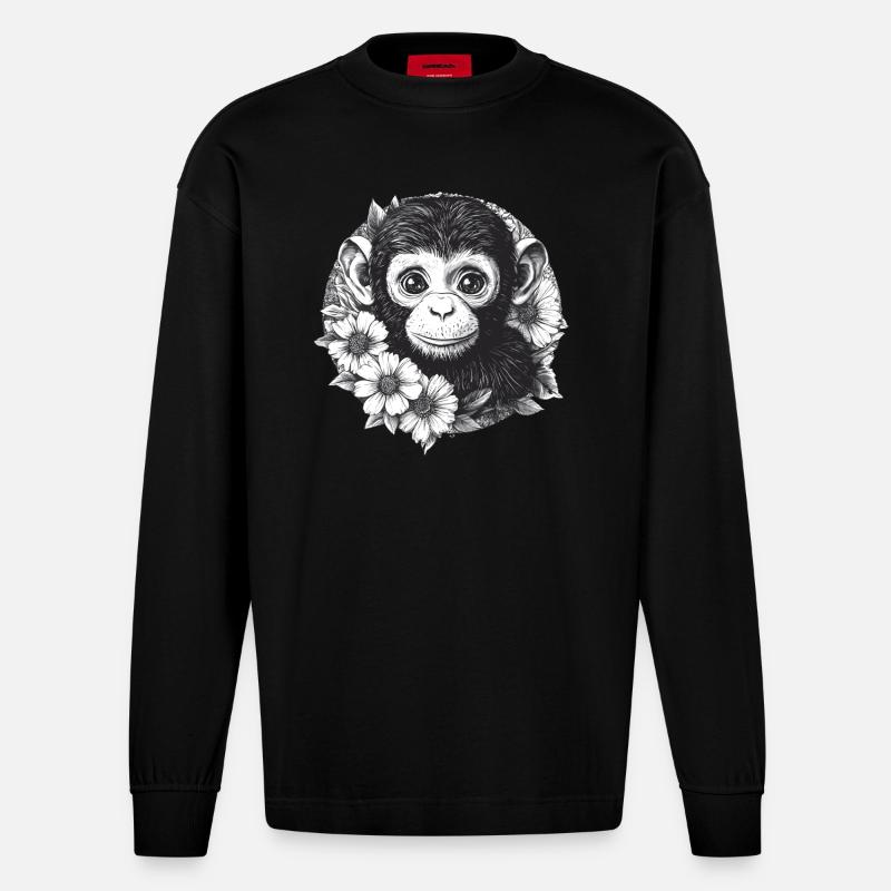 Schwarz-Weiß Affe mit Blumen - Heavyweight Oversized Organic Langarmshirt Made in EU - SOLID BLACK