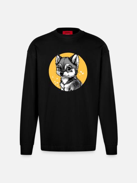 Husky in Yellow Circle - Heavyweight Oversized Organic Longsleeve Shirt Made in EU - SOLID BLACK
