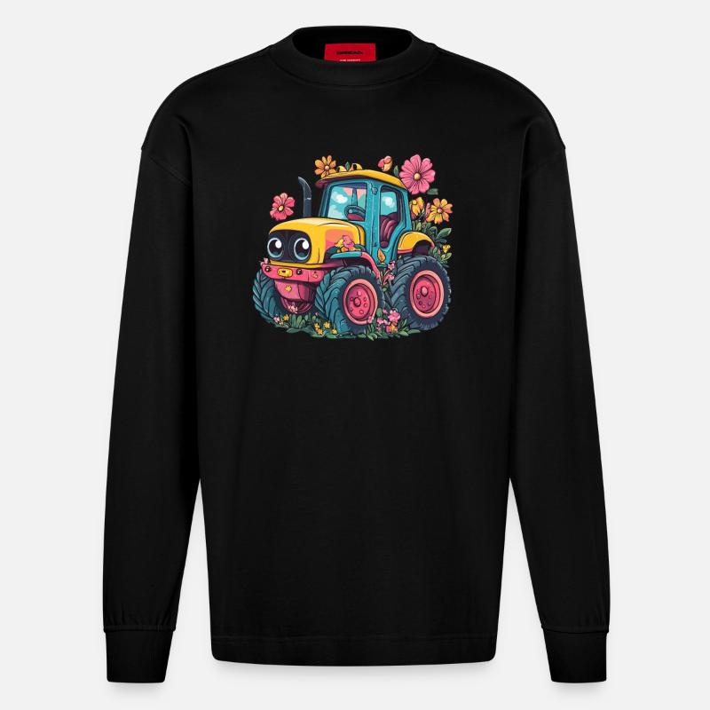 Fröhlicher Blumen-Traktor - Heavyweight Oversized Organic Langarmshirt Made in EU - SOLID BLACK