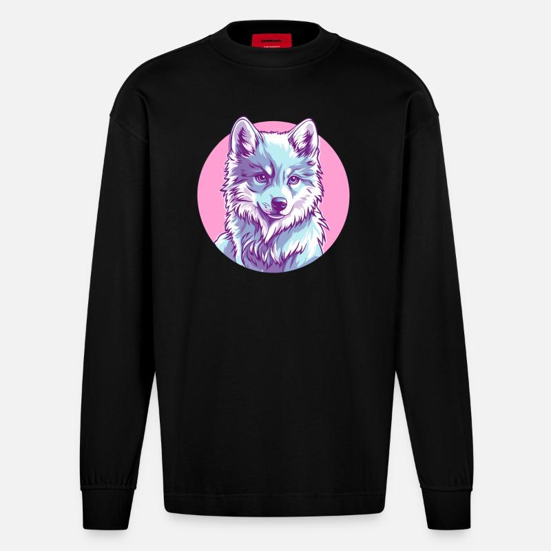 Arktischer Wolf in Rosa - Heavyweight Oversized Organic Langarmshirt Made in EU - SOLID BLACK