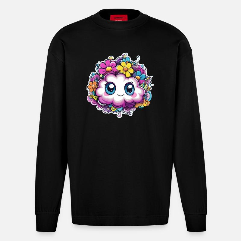 Nuage de fleurs heureux - Manches longues bio épais oversize fabriqué en UE - SOLID BLACK