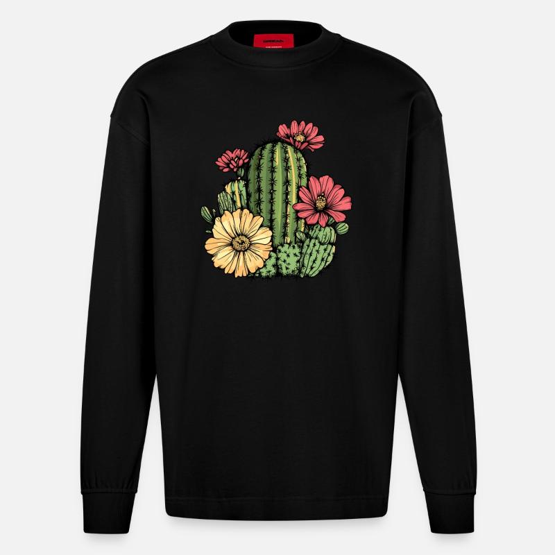 Cactus à fleurs - Manches longues bio épais oversize fabriqué en UE - SOLID BLACK