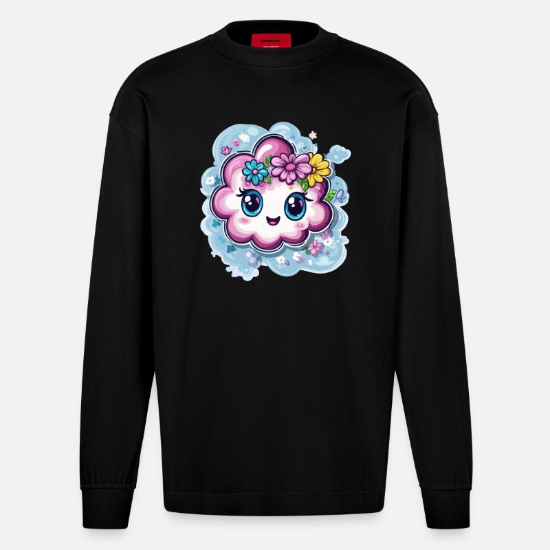 Fröhliche Wolke mit Blumen - Heavyweight Oversized Organic Langarmshirt Made in EU - SOLID BLACK