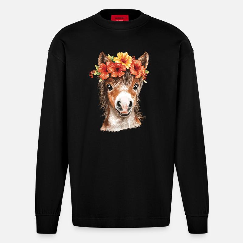 Pony mit Hibiskus - Heavyweight Oversized Organic Langarmshirt Made in EU - SOLID BLACK
