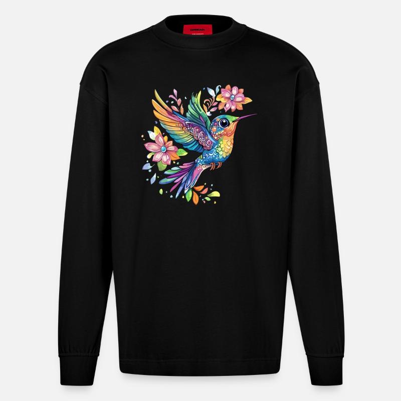 Bunter Kolibri mit Blumen - Heavyweight Oversized Organic Langarmshirt Made in EU - SOLID BLACK
