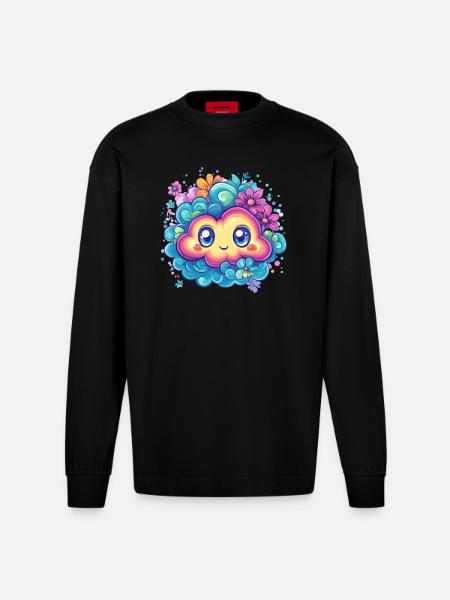 Śliczna chmura z kwiatami - Ekologiczna koszulka oversize z długim rękawem z grubego materiału wyprodukowana w UE - SOLID BLACK