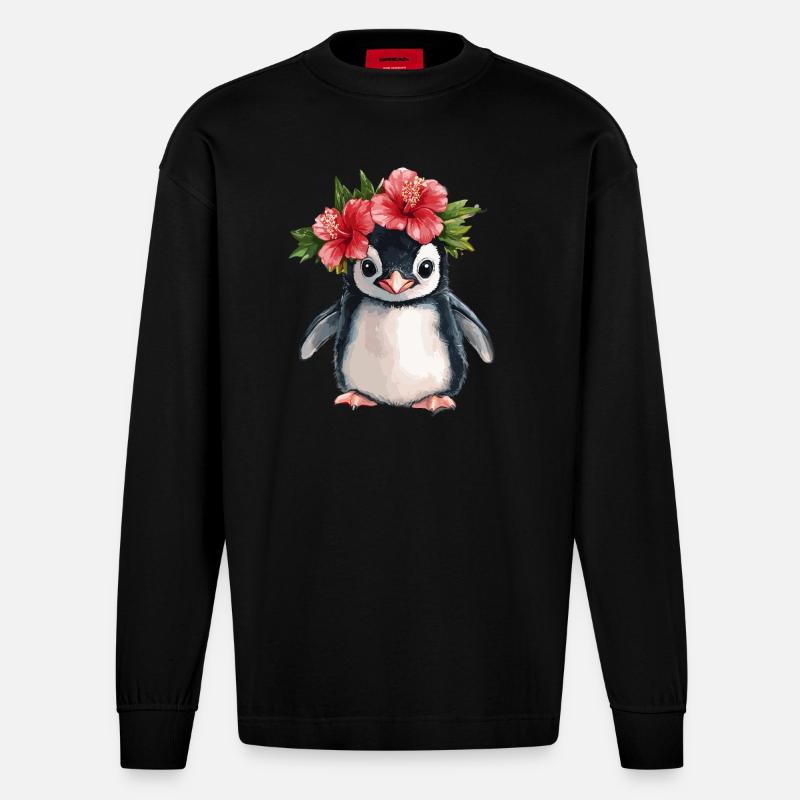 Pingouin à l’hibiscus - Manches longues bio épais oversize fabriqué en UE - SOLID BLACK