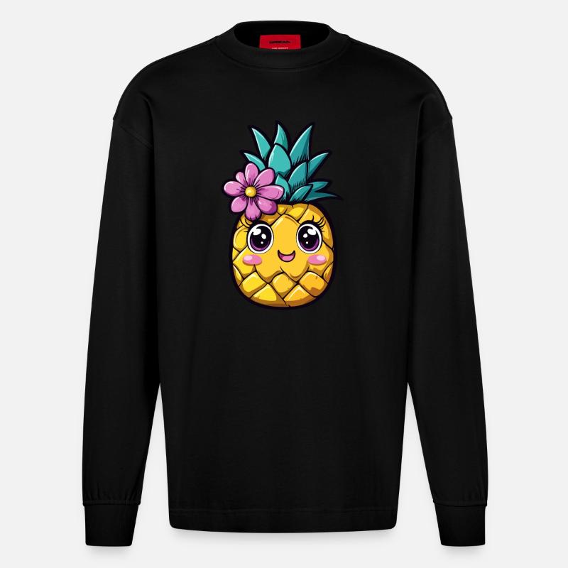 Ananas mit Blume - Heavyweight Oversized Organic Langarmshirt Made in EU - SOLID BLACK