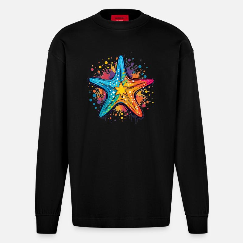 Bunter Seestern Pop-Style - Heavyweight Oversized Organic Langarmshirt Made in EU - SOLID BLACK
