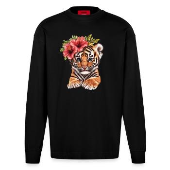 Tiger baby with hibiscus - Heavyweight Oversized Organic Longsleeve Shirt Made in EU - SOLID BLACK - Front