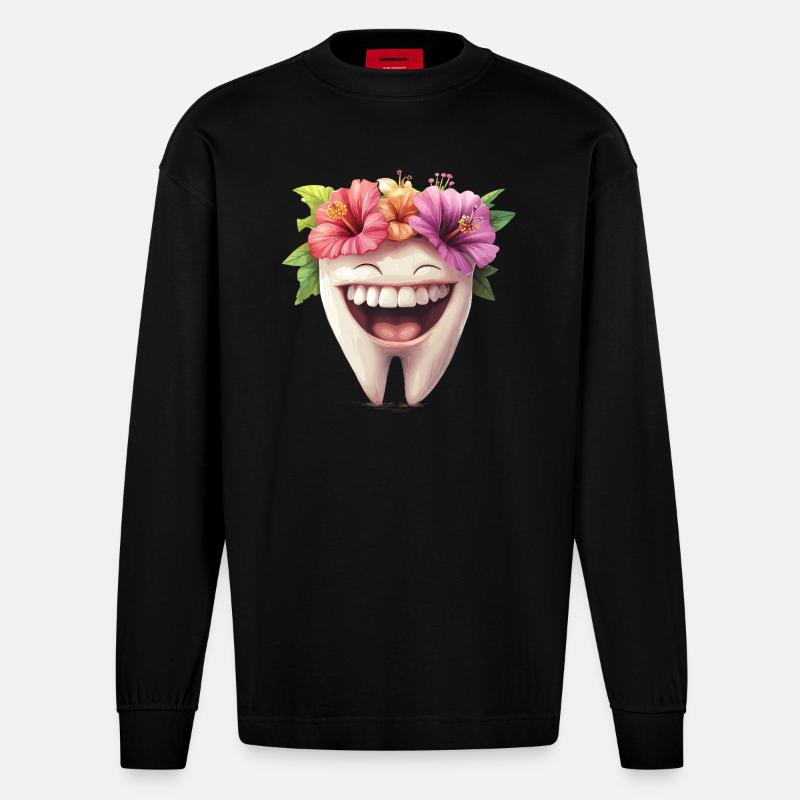 Lachender Zahn mit Blüten - Heavyweight Oversized Organic Langarmshirt Made in EU - SOLID BLACK