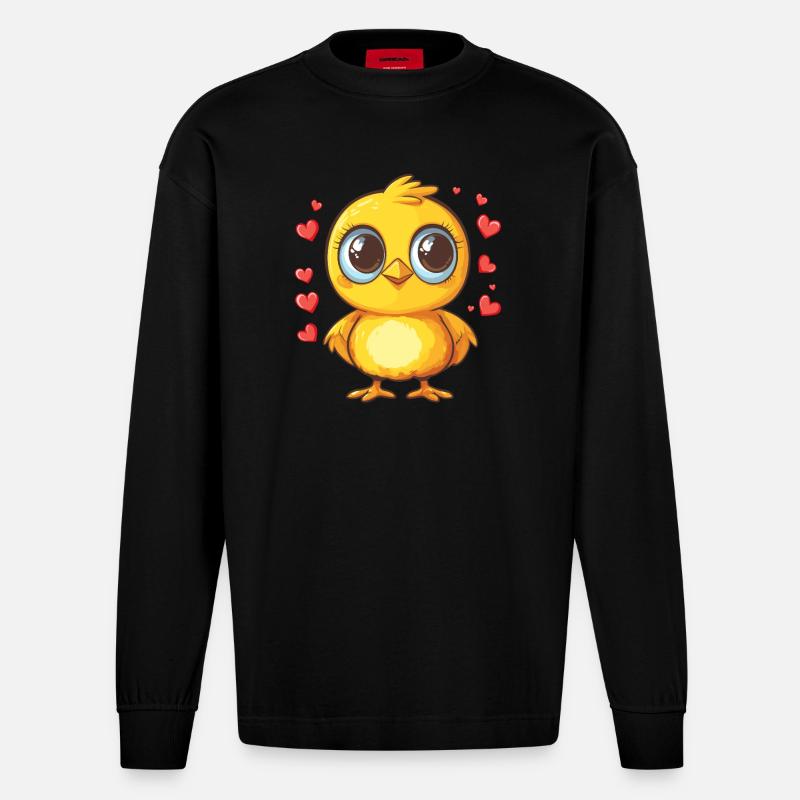 poussin avec des cœurs - Manches longues bio épais oversize fabriqué en UE - SOLID BLACK