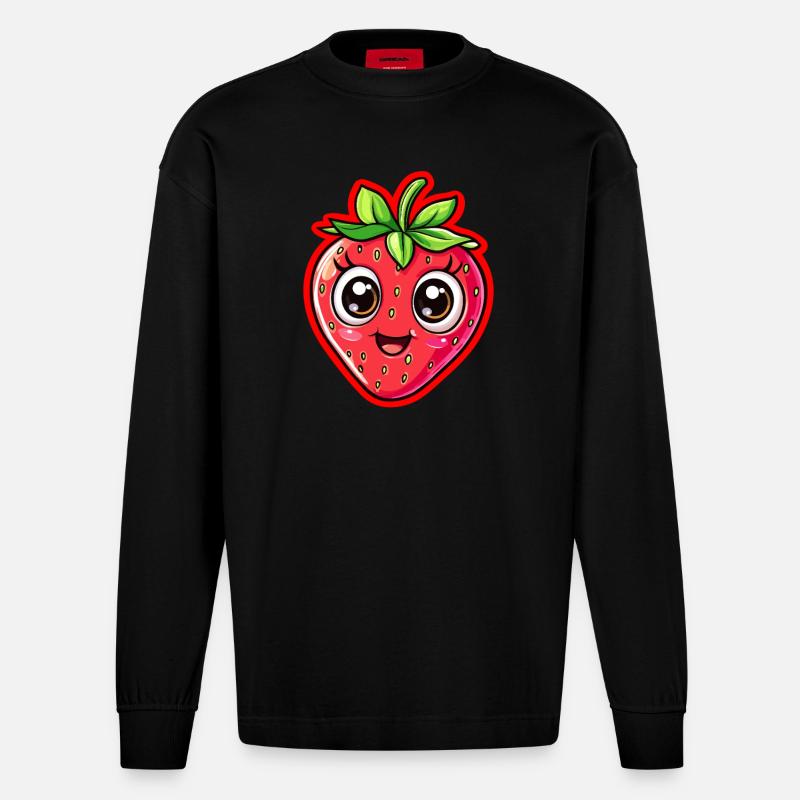 Fröhliche Erdbeere Gesicht - Heavyweight Oversized Organic Langarmshirt Made in EU - SOLID BLACK