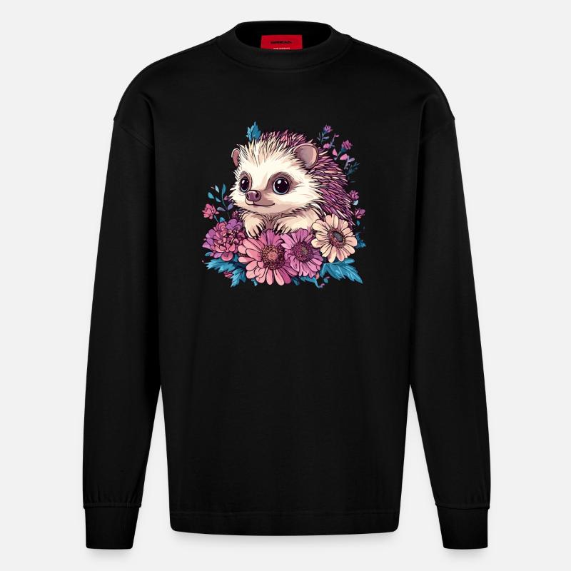 Hérisson mignon en fleurs - Manches longues bio épais oversize fabriqué en UE - SOLID BLACK