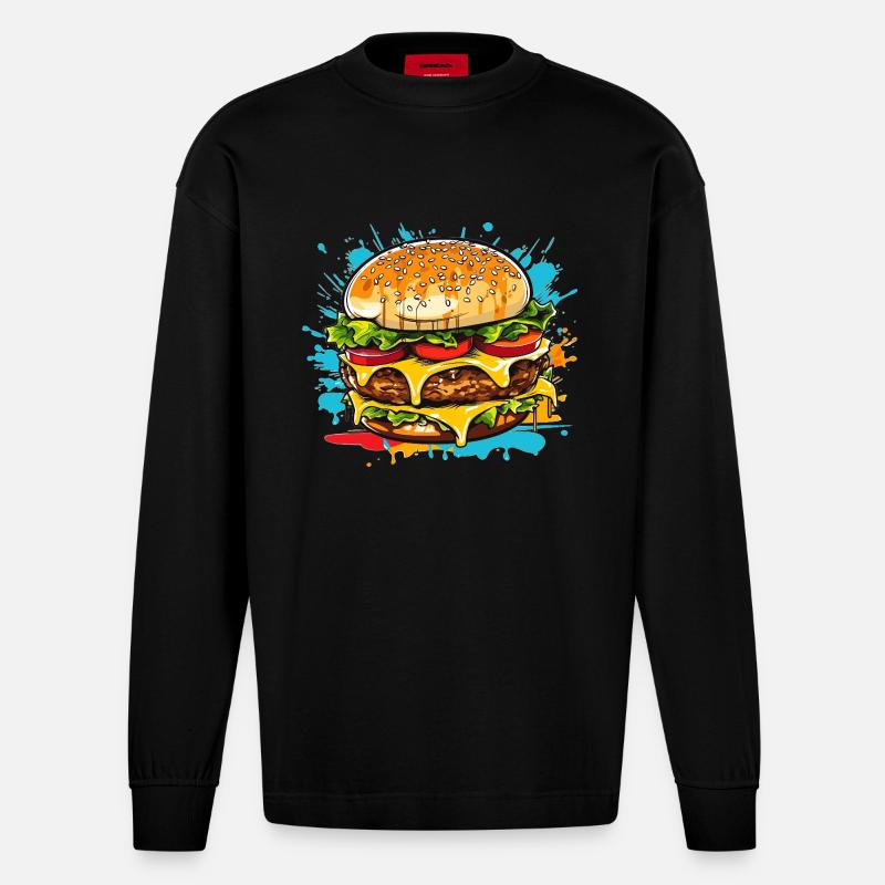 Cheeseburger Splash - Heavyweight Oversized Organic Langarmshirt Made in EU - SOLID BLACK