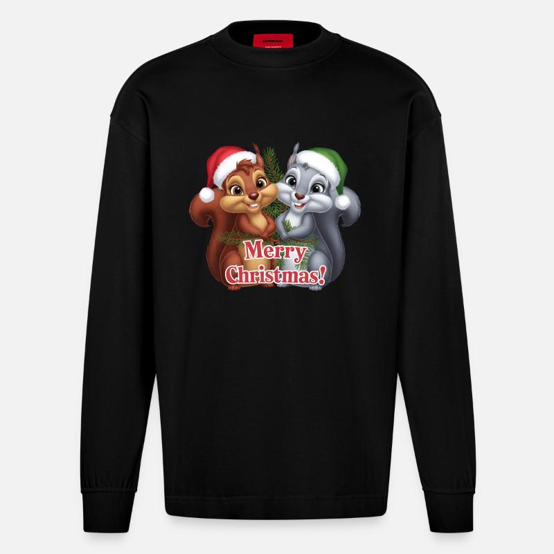 Joyeux Noël Écureuil Noël Mignon - Manches longues bio épais oversize fabriqué en UE - SOLID BLACK