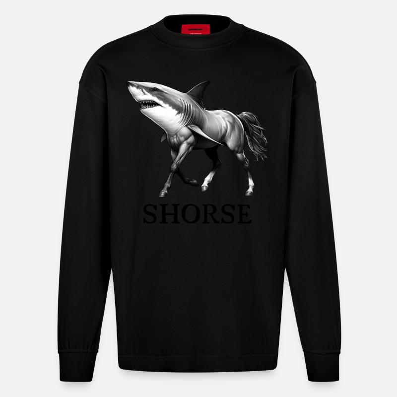 Haifisch Pferd Pferd - Heavyweight Oversized Organic Langarmshirt Made in EU - SOLID BLACK