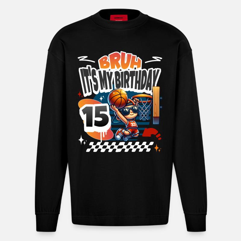 15e anniversaire de basket-ball - Manches longues bio épais oversize fabriqué en UE - SOLID BLACK
