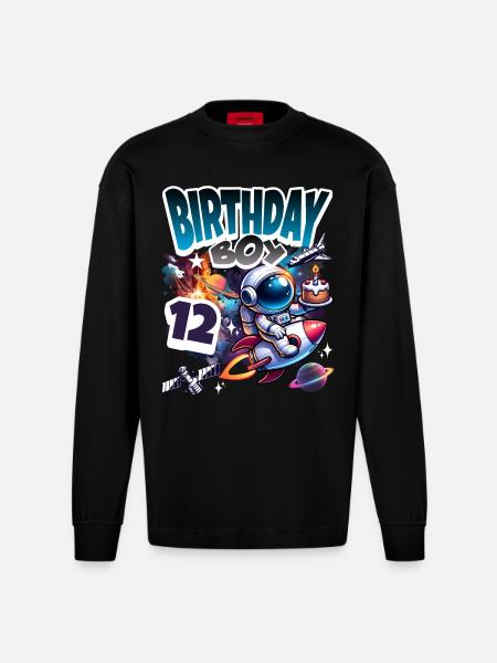 Astronaut 12th Birthday Space - Heavyweight Oversized Organic Longsleeve Shirt Made in EU - SOLID BLACK