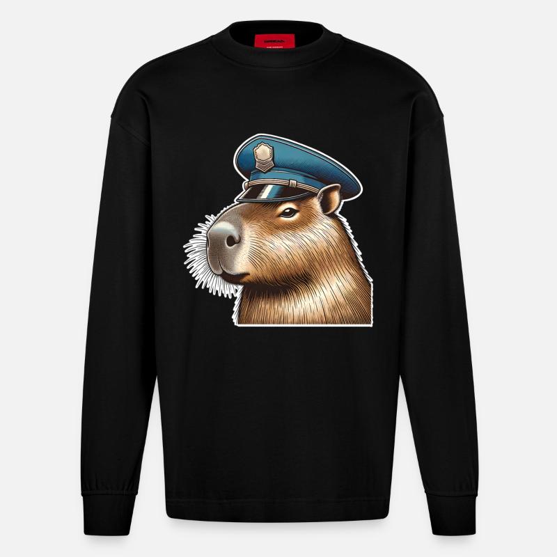 Capybara Polizei - Heavyweight Oversized Organic Langarmshirt Made in EU - SOLID BLACK