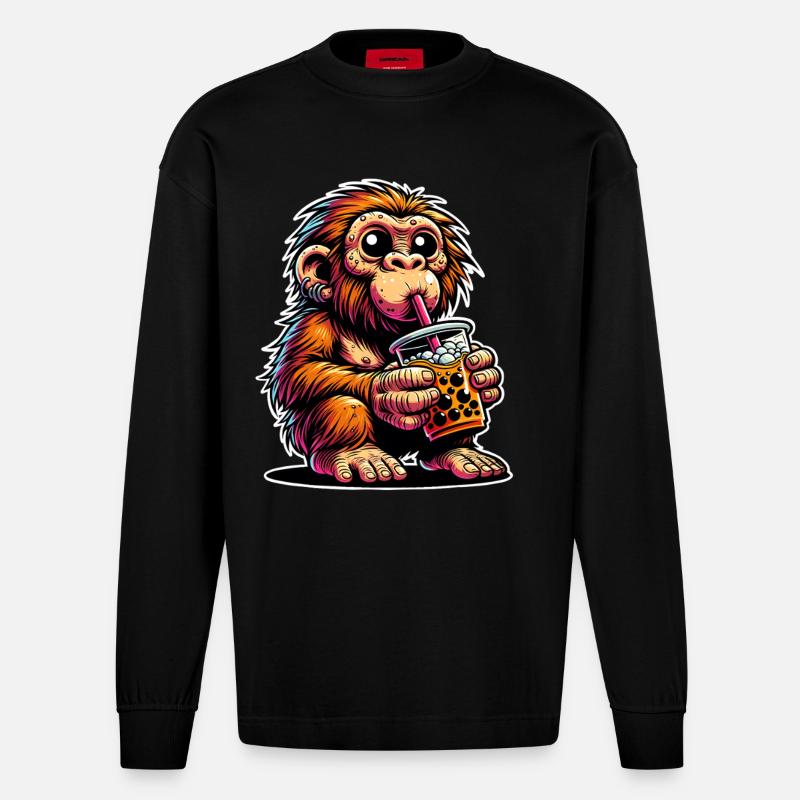 Neanderthal Bubble Tea - Heavyweight Oversized Organic Longsleeve Shirt Made in EU - SOLID BLACK