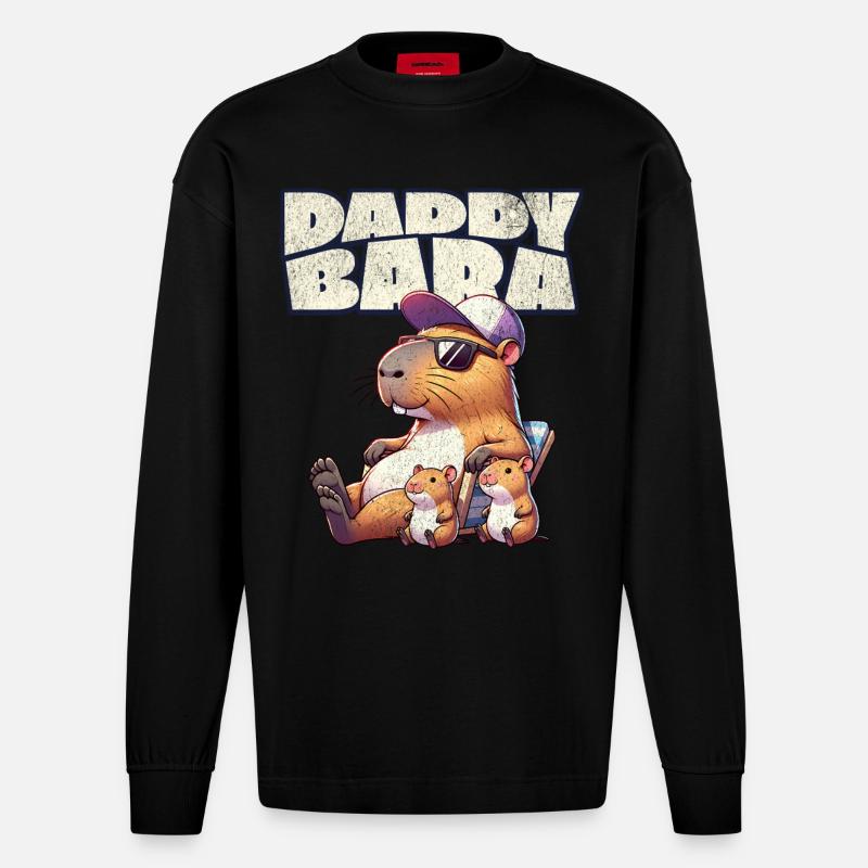 Daddybara Capybara Vater Papa - Heavyweight Oversized Organic Langarmshirt Made in EU - SOLID BLACK