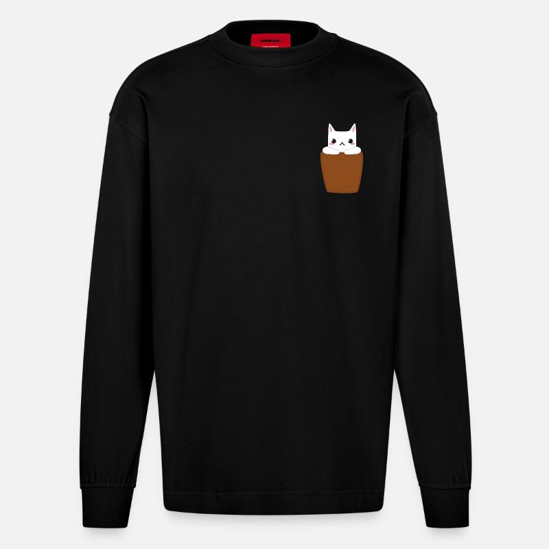 Katze in Brusttasche - Heavyweight Oversized Organic Langarmshirt Made in EU - SOLID BLACK