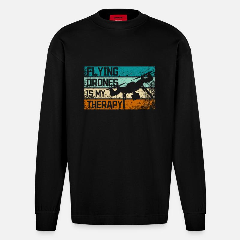 Flying drones is my therapy - Heavyweight Oversized Organic Longsleeve Shirt Made in EU - SOLID BLACK