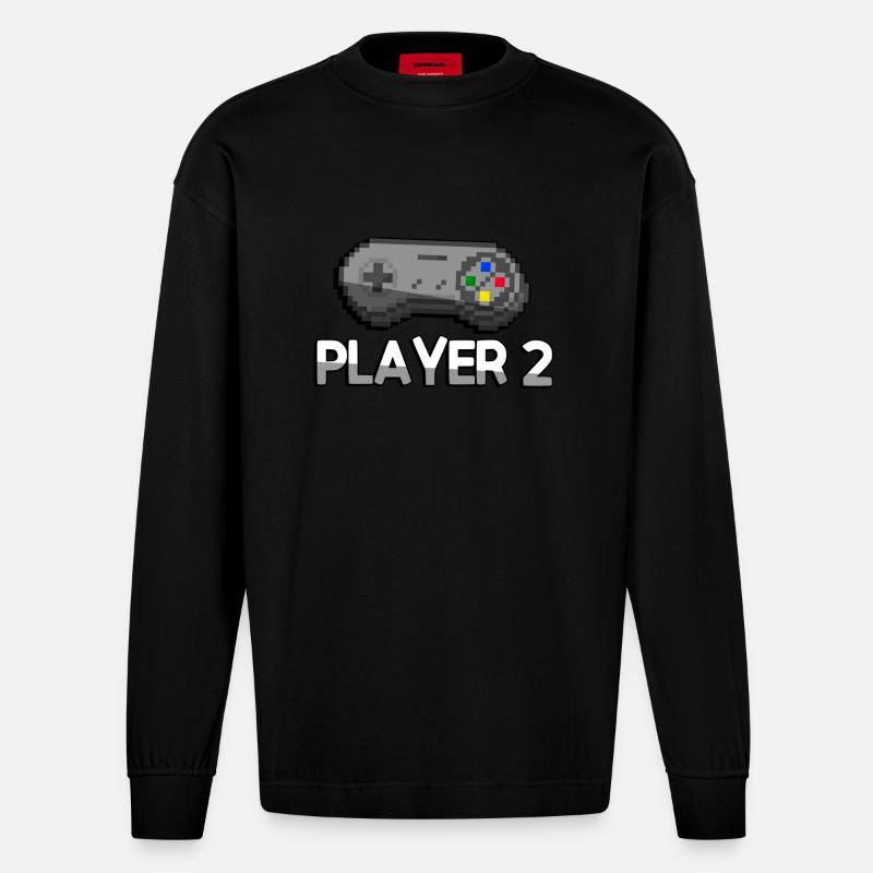 PLAYER 2 + SNES Controller - Gaming - Heavyweight Oversized Organic Langarmshirt Made in EU - SOLID BLACK