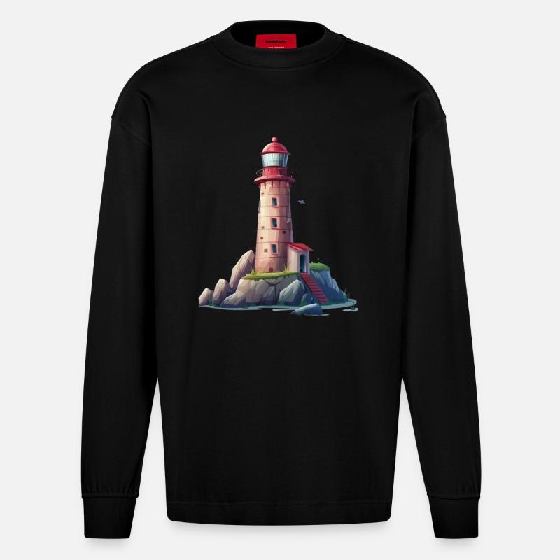 Phare sur la côte rocheuse - Manches longues bio épais oversize fabriqué en UE - SOLID BLACK
