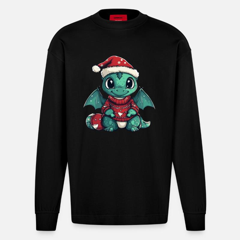 Drache Weihnachten Comic - Heavyweight Oversized Organic Langarmshirt Made in EU - SOLID BLACK
