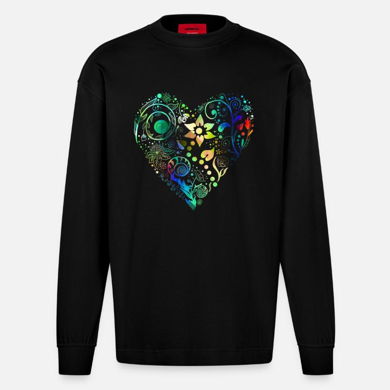 Blumenherz Regenbogen - Heavyweight Oversized Organic Langarmshirt Made in EU - SOLID BLACK