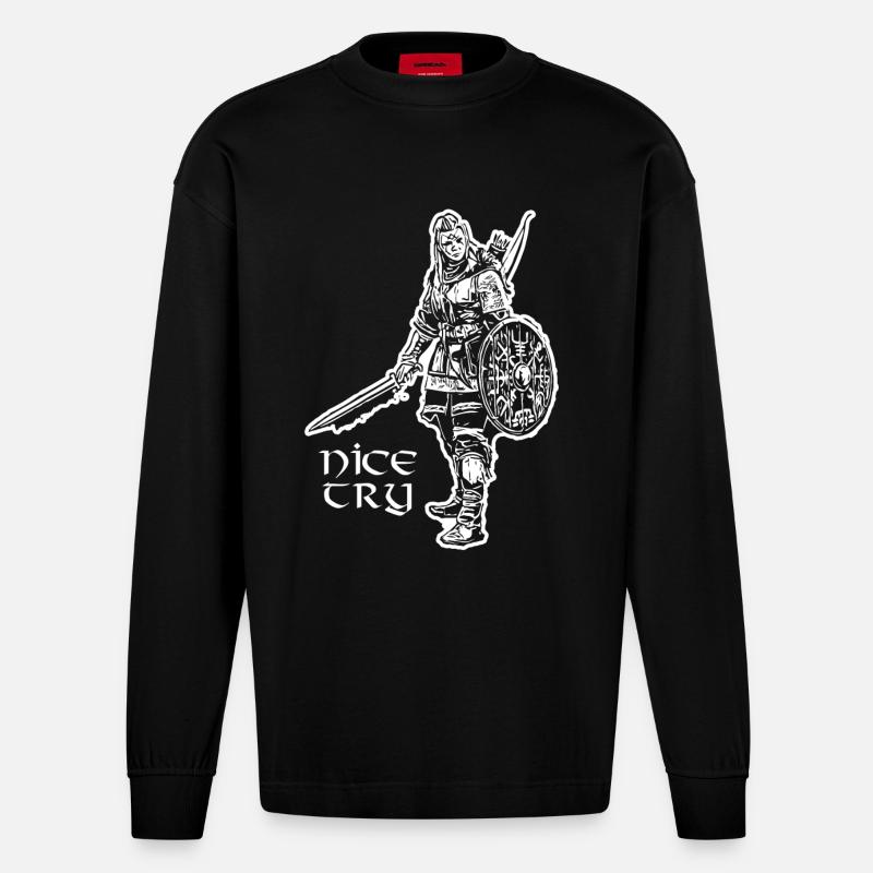 Nice Try Valkyrie - Heavyweight Oversized Organic Langarmshirt Made in EU - SOLID BLACK