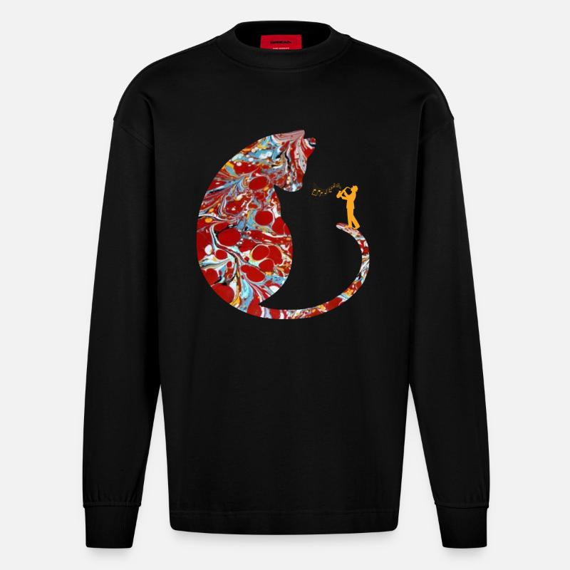 chat avec saxophone e 251 - Manches longues bio épais oversize fabriqué en UE - SOLID BLACK