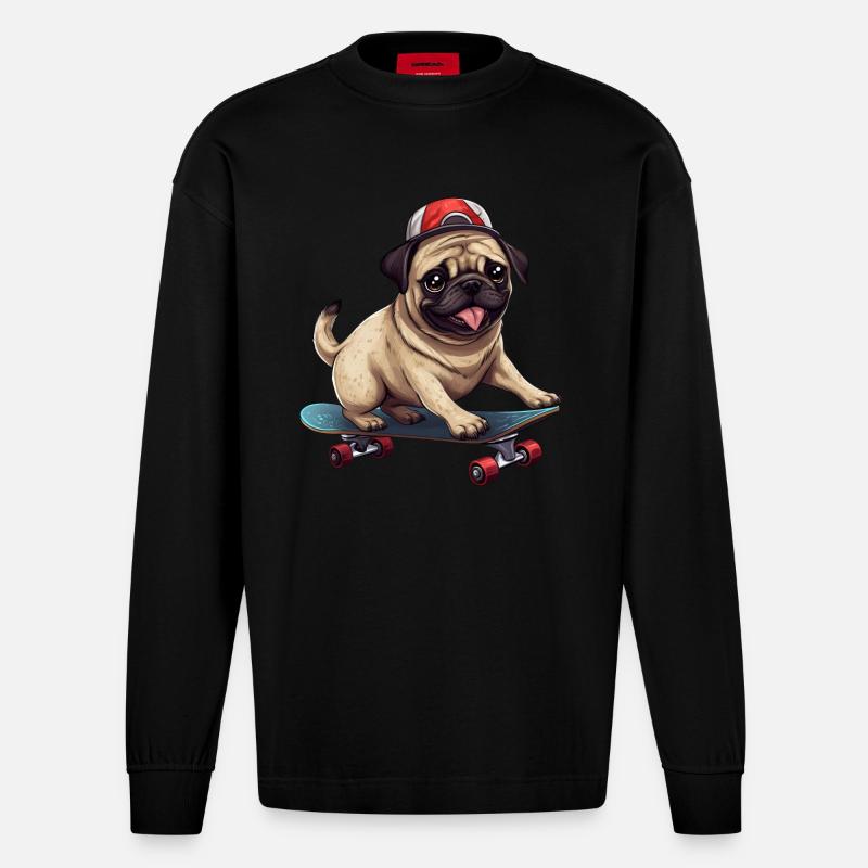 Skateboardender Mops: Dynamisches Hund- und - Heavyweight Oversized Organic Langarmshirt Made in EU - SOLID BLACK