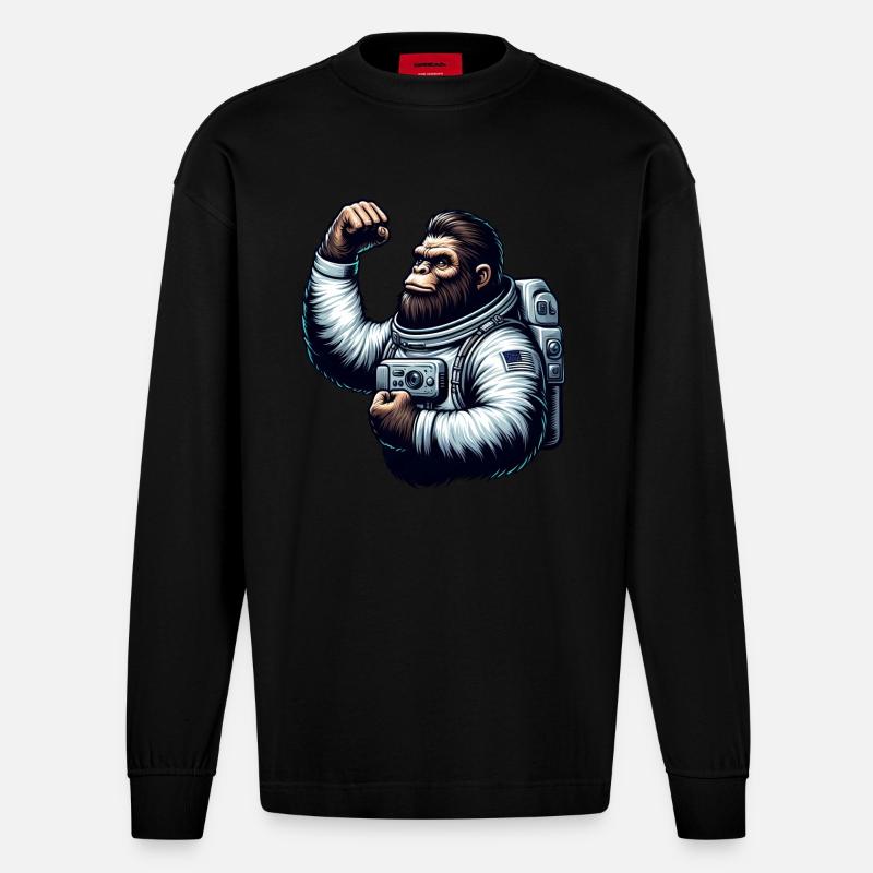 Astronaut Affe Schimpanse Gorilla - Heavyweight Oversized Organic Langarmshirt Made in EU - SOLID BLACK