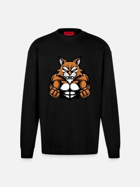 Cat Muscles Workout - Heavyweight Oversized Organic Longsleeve Shirt Made in EU - SOLID BLACK