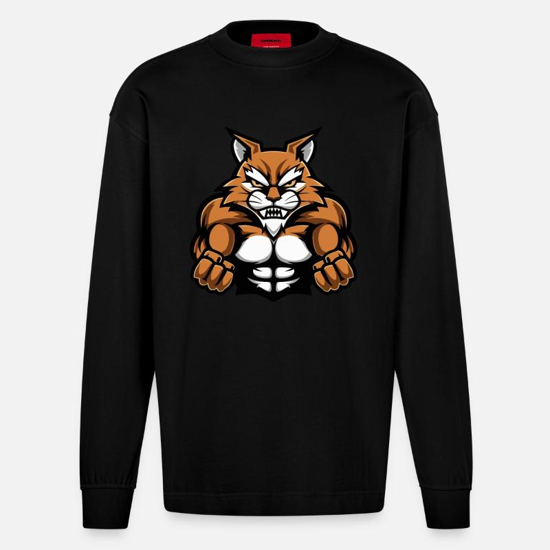 Katze Muskeln Workout - Heavyweight Oversized Organic Langarmshirt Made in EU - SOLID BLACK