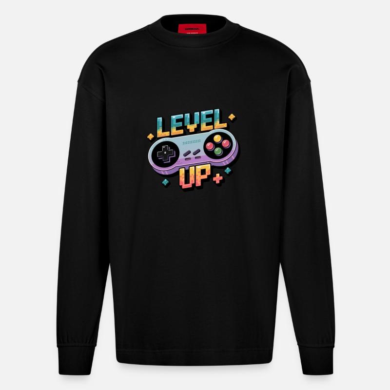 Level Up – Gaming Controller - Heavyweight Oversized Organic Langarmshirt Made in EU - SOLID BLACK