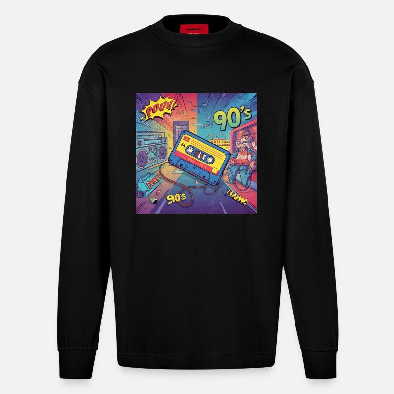 90er-Vibes: Comic-Kassette im Retro-Look - Heavyweight Oversized Organic Langarmshirt Made in EU - SOLID BLACK
